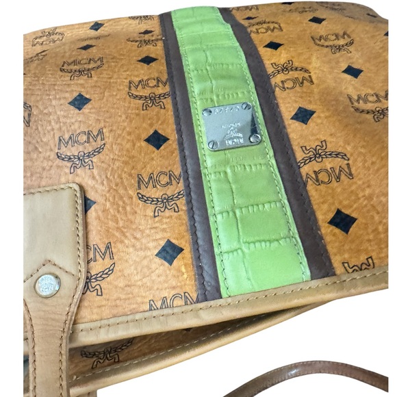 MCM Green Stripe Visetos Tote Bag Cognac - Picture 9 of 10